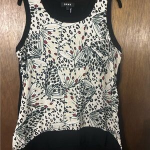 DKNY Cream and Black Butterfly Print Tank with Red Accents